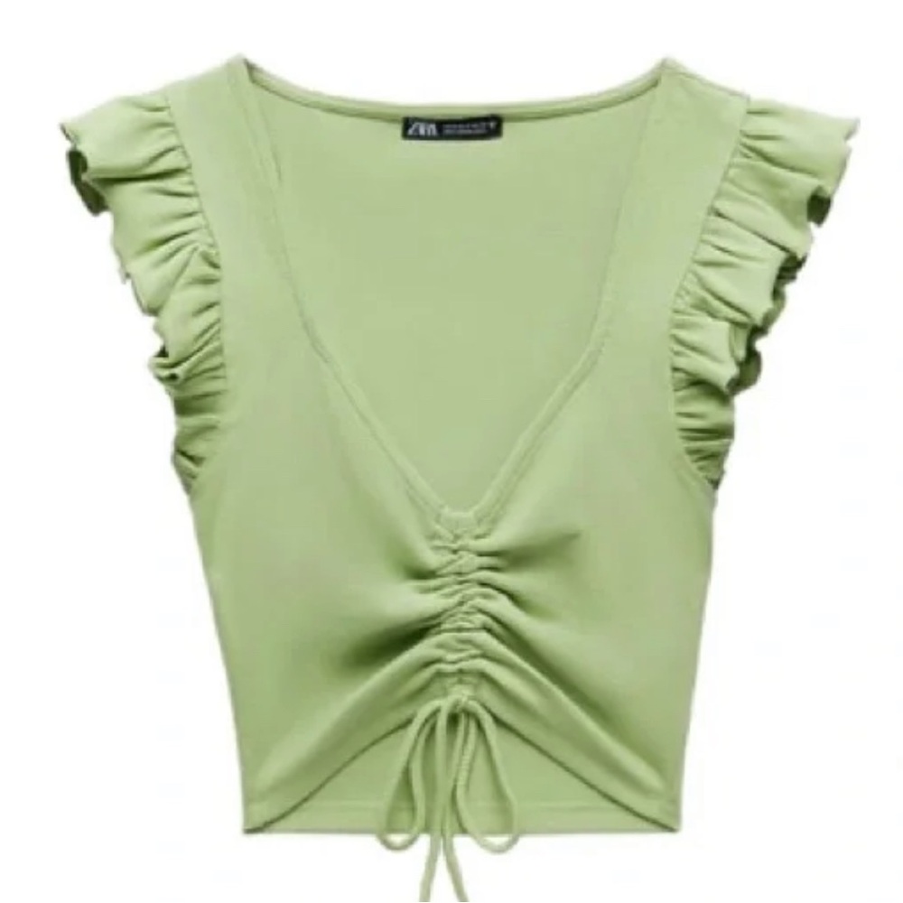 Zara Green drawstring V-Neck Women's Top